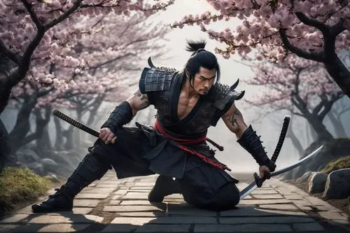 Muscular male, ogre reborn, ninja, strong facial features, sharp teeth, red glowing eyes, spiky black hair, intricate tattoos, samurai armor, katana, throwing stars, stealthy pose, crouching, Japanese