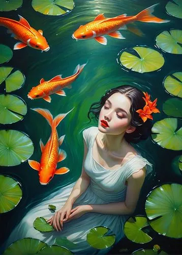 koi,koi pond,koi fish,han thom,heatherley,jianying,Illustration,Realistic Fantasy,Realistic Fantasy 30