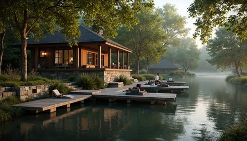 Rustic boathouse, wooden dock, serene lakefront, lush greenery, overhanging trees, natural stone walls, weathered wood accents, nautical ropes, lantern-style lighting, warm golden tones, soft misty at