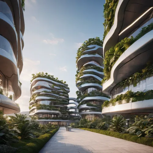 rnodern arquitecture with aestetihc. New plant with a lot of futuristic architecture,futuristic architecture,futuristic landscape,eco-construction,eco hotel,terraforming,sky space concept,solar cell b