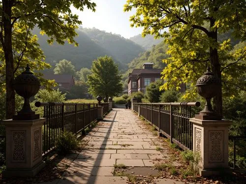 Rustic rural bridge, ornate iron railings, natural stone pillars, wooden planks, moss-covered surfaces, vines entwined, earthy tones, warm golden lighting, soft misty atmosphere, serene countryside, r