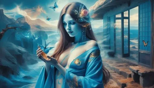 blue enchantress,priestess,dakini,fantasy picture,estess,fantasy art,thingol,azura,kuanyin,nihang,amphitrite,ashtar,kunqu,nakshatras,undine,aquarius,mervat,xufeng,bluefire,simorgh,Illustration,Realistic Fantasy,Realistic Fantasy 02