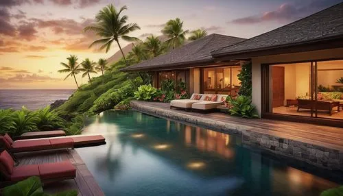 tropical house,holiday villa,amanresorts,pool house,dreamhouse,paradis,hawaii,beautiful home,beach house,mustique,ocean view,house by the water,oceanfront,luxury property,secluded,oceanview,tropical island,luxury home,dream beach,beachfront,Illustration,Abstract Fantasy,Abstract Fantasy 02