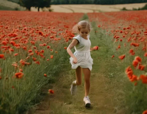 Hyperrealistic image of a beautiful, intergalactic, brown-haired warrior heroine with a slender body, toned arms and legs. Attack position,a little girl in a field full of flowers,poppy field,poppy fi