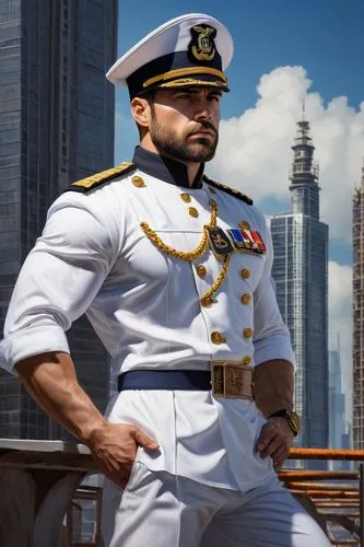 Muscular man, captain hat, serious facial expression, bright blue eyes, short brown hair, trimmed beard, white shirt with golden buttons, dark blue naval uniform, gold epaulets, black boots, holding a