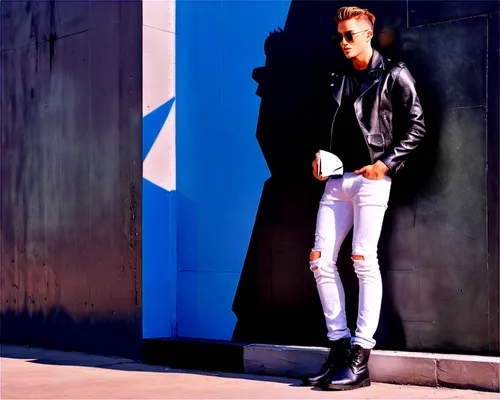 Cool, fashionable male, 20s, stylish hair, sleek sunglasses, sharp jawline, slim fit leather jacket, white graphic t-shirt, ripped blue jeans, black boots, leaning against wall, urban background, afte