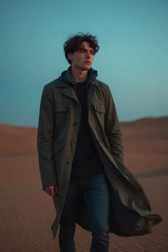 young handsome male fashion model walking in desert, full length portrait, evening time, dark blue sky, clothing flies on wind, cinematic style








,an orange mercedes benz benz benz benz benz ben