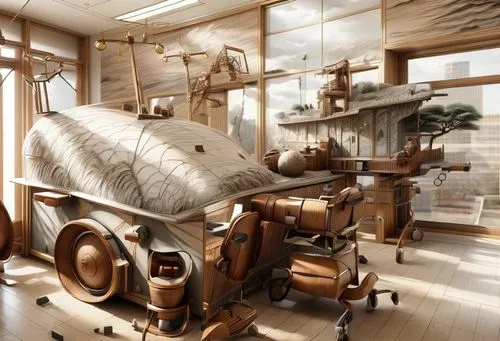 mri machine,3d rendering,wooden sauna,doctor's room,wooden train,3d rendered