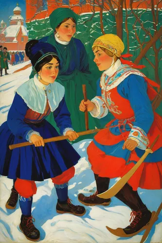 carolers,russian traditions,snow scene,russian folk style,khokhloma painting,winter festival,carol singers,winter sports,ice skating,folk costumes,in the winter,christmas scene,russian winter,the occasion of christmas,the pied piper of hamelin,school children,christmas messenger,winter sport,happy children playing in the forest,in winter,Art,Classical Oil Painting,Classical Oil Painting 27