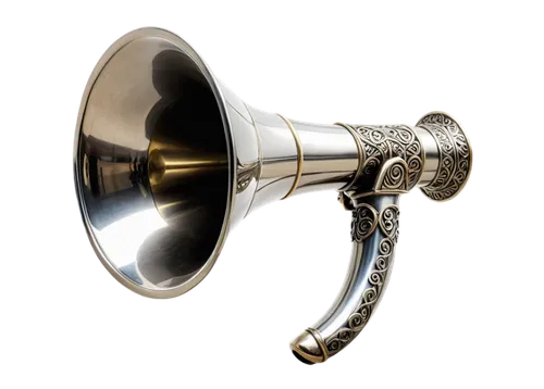 Bullhorn, handheld, metal material, silver color, curved shape, detailed texture, realistic reflection, morning light, shallow depth of field, close-up shot, 1/2 composition, soft focus, warm tone, hi