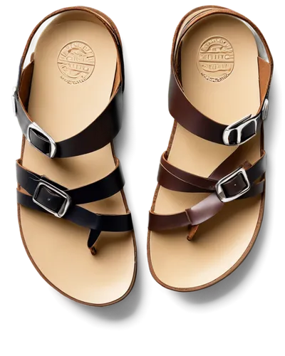 Flip flops, summer footwear, beachwear, casual wear, relaxed atmosphere, brown leather straps, soft beige soles, metallic buckle, silver accents, detailed texture, close-up shot, shallow depth of fiel