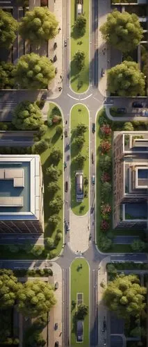 Modern architectural site plan, bird's eye view, urban landscape, skyscrapers, commercial buildings, green spaces, walking paths, roads, traffic lights, street lamps, trees, flower beds, benches, tras