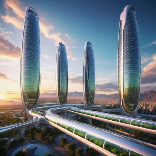 Futuristic skyscraper, curved lines, gleaming metallic surfaces, neon lights, holographic advertisements, towering heights, bustling metropolis, cityscape, sleek modern design, sustainable materials, 