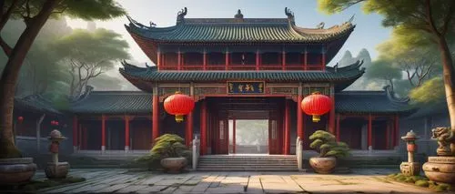 Traditional Chinese architecture, ancient temple, grand entrance gate, intricate carvings, curved roofs, golden ornaments, red lanterns, majestic pillars, serene courtyard, peaceful garden, bamboo tre