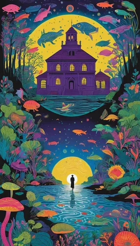 witch's house,halloween poster,the haunted house,ghost castle,halloween illustration,witch house,mystery book cover,halloween paper,haunted castle,studio ghibli,haunted house,mushroom landscape,halloween wallpaper,halloween background,monkey island,mushroom island,halloween border,haunted,shirakami-sanchi,candy cauldron,Conceptual Art,Oil color,Oil Color 14