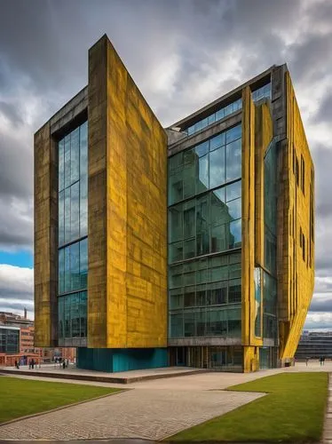 Sheffield, Millennium Gallery, brutalist building, concrete structure, geometric shapes, urban landscape, cityscape, cloudy sky, industrial heritage, Northern English charm, detailed texture, afternoo