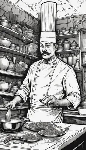 fishmonger,chef's uniform,smoked fish,boudin,lahmacun,chef's hat,pastry chef,chef,men chef,butcher shop,salumi,sicilian cuisine,saucisson de lyon,cuisine of madrid,bresaola,cuisine classique,za'atar,iranian cuisine,chef hat,carpaccio,Illustration,Black and White,Black and White 01