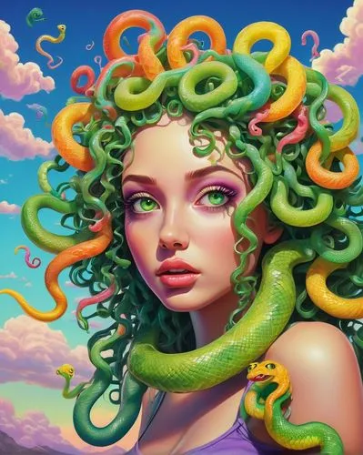 medusa,medusa gorgon,gorgon,tentacle,tentacles,polyp,curl,green mermaid scale,tendril,s-curl,cnidaria,sea snake,curlicue,anahata,psychedelic art,coils,fantasy portrait,colorful spiral,coral swirl,siren,Conceptual Art,Graffiti Art,Graffiti Art 10