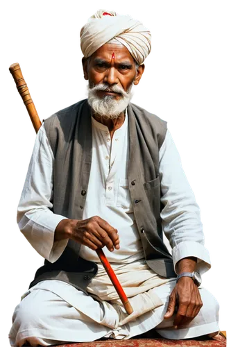 Old Indian man, 60yo, wrinkled face, white beard, turban, traditional clothing, loose fitting kurta, dhoti, wooden cane, sitting cross-legged, hands clasped together, serene expression, warm lighting,