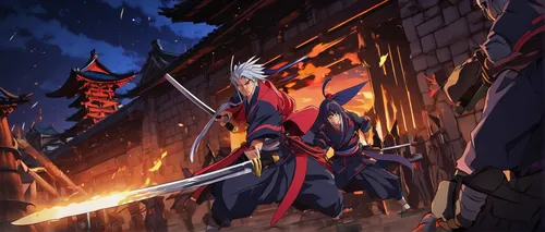 Craft a suspenseful scene as Musashi sneaks into the enemy's fortress under the cover of darkness.,dragon slayer,swordsman,splitting maul,samurai,dragon li,dragon slayers,swordsmen,shinobi,samurai fig