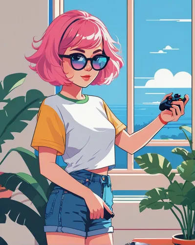 vector girl,retro girl,retro styled,camera illustration,pink glasses,pink vector,digital painting,summer background,digital illustration,holding a gun,crop,girl with gun,80's design,summer clothing,summer icons,study,80s,girl studying,girl with a gun,phone icon,Illustration,Vector,Vector 01