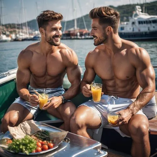 a handsome muscular shirtless man and his boyfriend, 25 years old wearing shiny shorts, eating lunch on a boat moored at a dock in a harbor ,breakfast on board of the iron,vitaminizing,sailors,picnic 