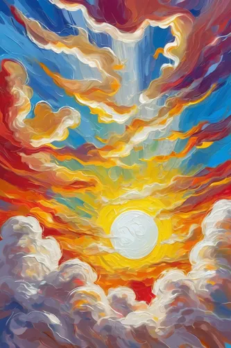 sunburst background,sun in the clouds,sun,sun through the clouds,sky,sky clouds,stratocumulus,sol,rainbow clouds,layer of the sun,swirl clouds,cloudscape,sunrise in the skies,world digital painting,sunburst,clouds,bright sun,helios,clouds - sky,cumulus,Conceptual Art,Oil color,Oil Color 21