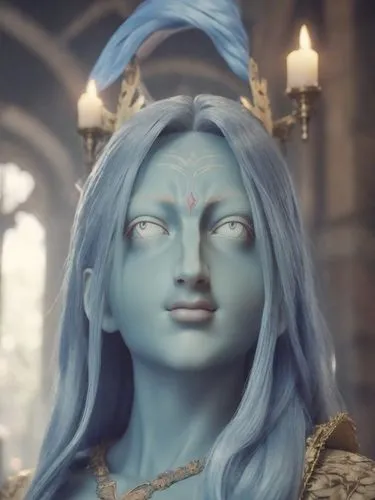 Lifelike portrait in an expressive form and open eyes of a member of a distinguished ruling family of the late Middle Ages in the old Holy Roman-German Empire.,a blue doll has her hair and makeup pain