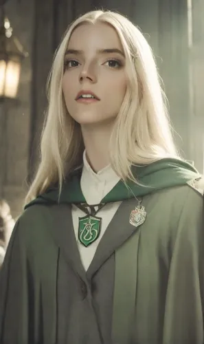 wearing (Slytherin uniform: 1.2) of Hogwarts, wizard cape, student of Slytherin House,elf,elven,elves,violet head elf,hedwig,her,jade,hogwarts,green bean,albus,heineken1,baby elf,elves flight,male elf