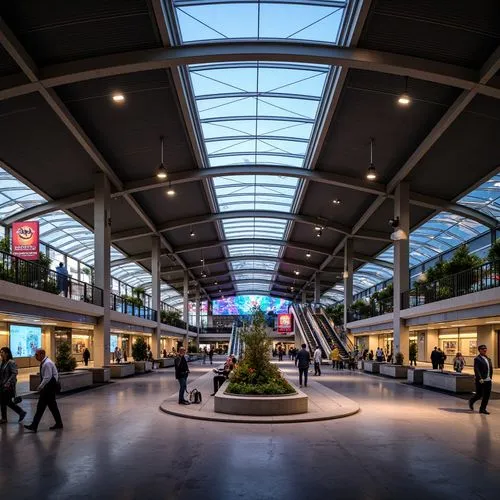 Modern international train station, sleek glass roofs, stainless steel beams, polished marble floors, vibrant neon signs, dynamic LED displays, futuristic escalators, high-ceilinged waiting areas, spa