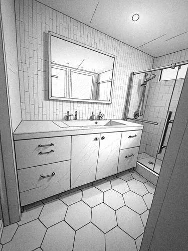 a 3d image of an otherwise empty bathroom,kitchen interior,kitchens,kitchen,kitchenette,kitchen design,tile kitchen,Design Sketch,Design Sketch,Detailed Outline