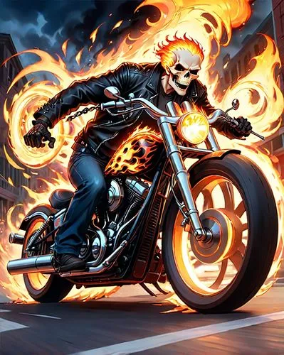 Ghost Rider riding a roaring Harley Davidson motorcycle with wheels engulfed in flames. The fiery wheels leave a blazing trail of fire as he speeds forward. Ghost Rider, with his flaming skull and cha