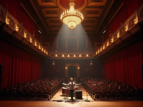 Indoor concert hall, grand chandelier, high ceiling, ornate balcony, red velvet curtains, wooden floor, rows of seats, spotlights, microphone stand, drum set, guitar amplifiers, soundboard, backstage 