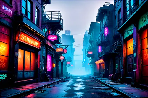 alleyway,alley,colorful city,neon lights,neon ghosts,cyberpunk,neon arrows,neon light,neon,fantasy city,cartoon video game background,vapor,neon coffee,blind alley,neon colors,3d background,neon candies,neon sign,world digital painting,ultraviolet,Conceptual Art,Fantasy,Fantasy 25