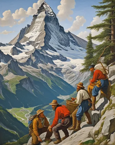 Three men pause for refreshment while climbing in the Alps. The Matterhorn in the background.,eiger,alpine crossing,mountain scene,mountain rescue,alphütte,matterhorn,alpine climbing,eggishorn,watzman