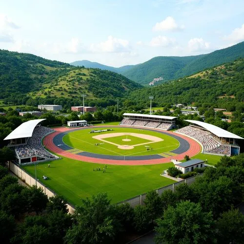 Rolling hills, lush greenery, sports stadium, athletic tracks, soccer fields, tennis courts, basketball hoops, baseball diamonds, grandstands, spectator seating, concession stands, modern architecture