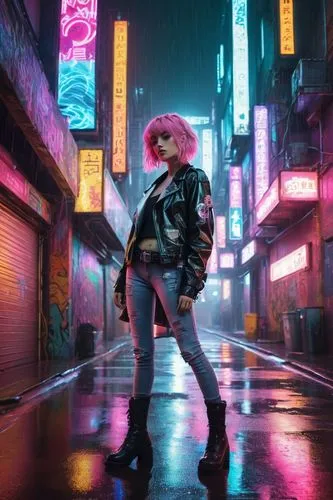 Pastel-colored, neon-lit cityscape, futuristic skyscrapers, holographic advertisements, virtual reality billboards, misty rain, wet pavement, lone girl, pink hair, cybernetic eyes, leather jacket, rip