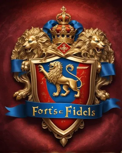 Family crest, medieval style, golden frame, intricate details, coat of arms, shield shape, lion and eagle supporters, flowing ribbon, motto "Fortis et Fidelis", luxurious velvet background, soft focus