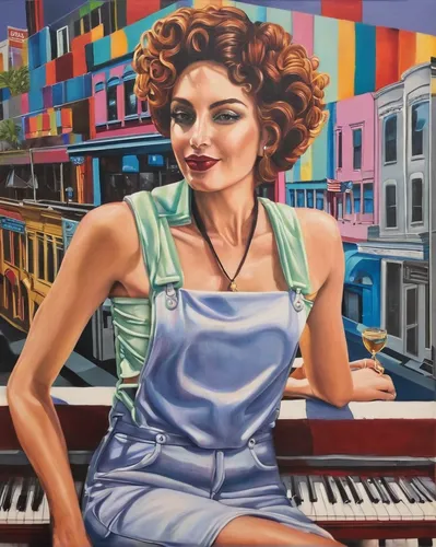 Nathan Neven, 'Midtown Vibe' oil on canvas,piano player,jazz pianist,pianist,woman playing,woman at cafe,jazz singer,ann margarett-hollywood,concerto for piano,accordion player,italian painter,david b