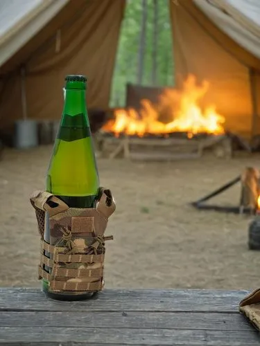 a small wooden table lies in the center of a sturdy military tent, surrounded by a group of soldiers and soldiers. The sun is setting, casting a warm orange glow over the scene. A baton with a bright 