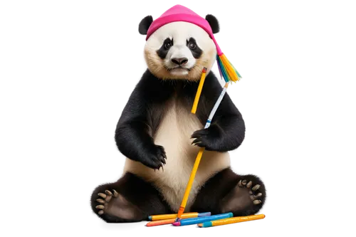 adult panda, solo, (5-6 years old), round face, black and white fur, cute eyes, sitting on floor, holding a crayon, wearing a beret, casual clothes, colorful background, toys scattered around, soft fo