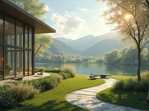 home landscape,3d rendering,house with lake,landscaped,revit,hovnanian,summer cottage,amanresorts,summer house,render,house by the water,beautiful home,renderings,lake view,landscape designers sydney,ponds,meadow landscape,wooden decking,pool house,house in the mountains,Photography,General,Realistic