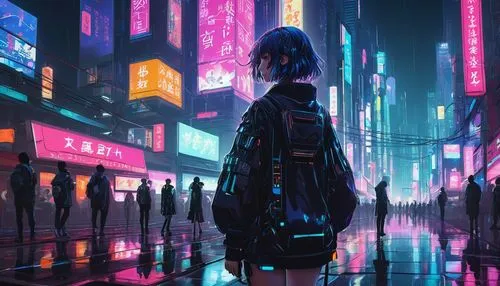 cyberpunk,shinjuku,shibuya,tokyo,tokyo city,cityscape,taipei,colorful city,vapor,neon lights,hk,futuristic,walking in the rain,osaka,neon light,city lights,harajuku,cyber,neon,ultraviolet,Illustration,Vector,Vector 02