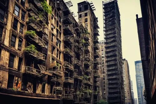  Brutalist architecture, New York City, concrete jungle, geometric shapes, fortress-like buildings, rugged textures, urban decay, broken windows, graffiti-covered walls, industrial pipes, steel beams,