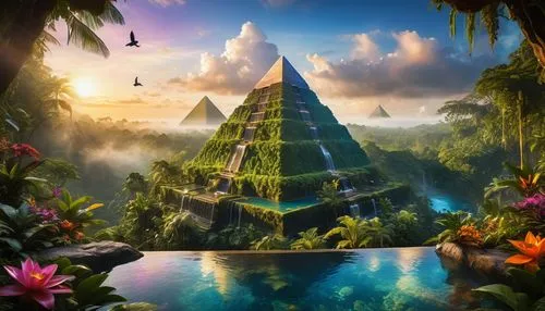 fantasy picture,yavin,fantasy landscape,triangles background,pyramids,3d fantasy,Photography,General,Realistic