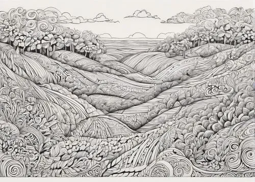 woodring,mountainous landscape,anticline,swampy landscape,coloring page,quartz sandstone peak woodland landscape,Illustration,Black and White,Black and White 05