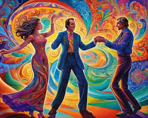 dancing couple,salsa dance,psychedelic art,dance with canvases,argentinian tango,latin dance,ballroom dance,disco,dancing,artistic roller skating,lsd,dance,dance of death,tango,to dance,ecstatic,square dance,dancers,waltz,artists of stars,Illustration,Realistic Fantasy,Realistic Fantasy 39