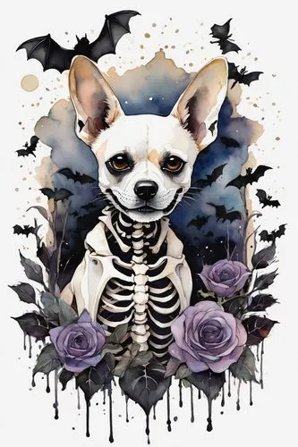 skull allover,canine rose,dog illustration,day of the dead skeleton,boho skull,inu,Illustration,Paper based,Paper Based 07