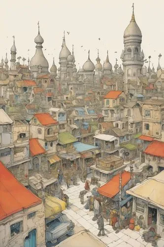 shantytowns,khine,kathmandu,roof domes,swayambhu,mohalla,mandalay,pashupati,dharavi,yangon,syberia,casbah,slums,burma,saneh,phnom,benaras,penh,chortens,banaras,Illustration,Paper based,Paper Based 26