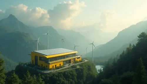 renewable energy,wind power plant,renewable,house in the mountains,house in mountains,mountain huts,mountain hut,wind power,cablecar,industrial landscape,mountain station,renewables,hydropower plant,wind farm,windpower,electrohome,wind energy,cable cars,floating huts,wind power generator,Photography,General,Realistic